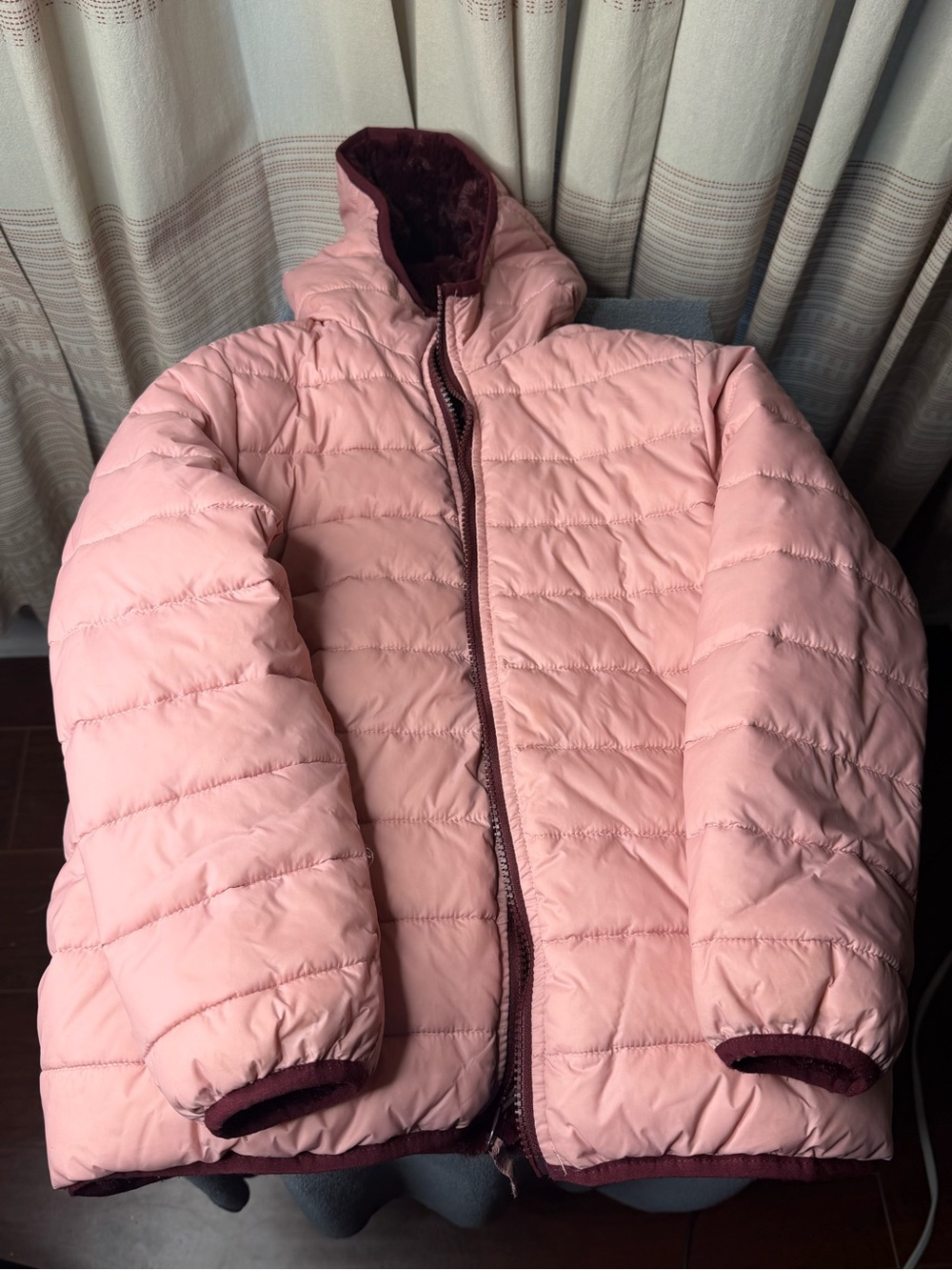 Lands' End Reversible Light Pink Quilted Hooded Puffer with Maroon Trim